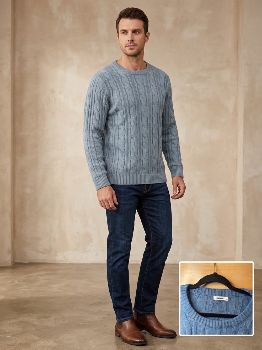 Coofandy Blue Cable Knit Crewneck Sweater